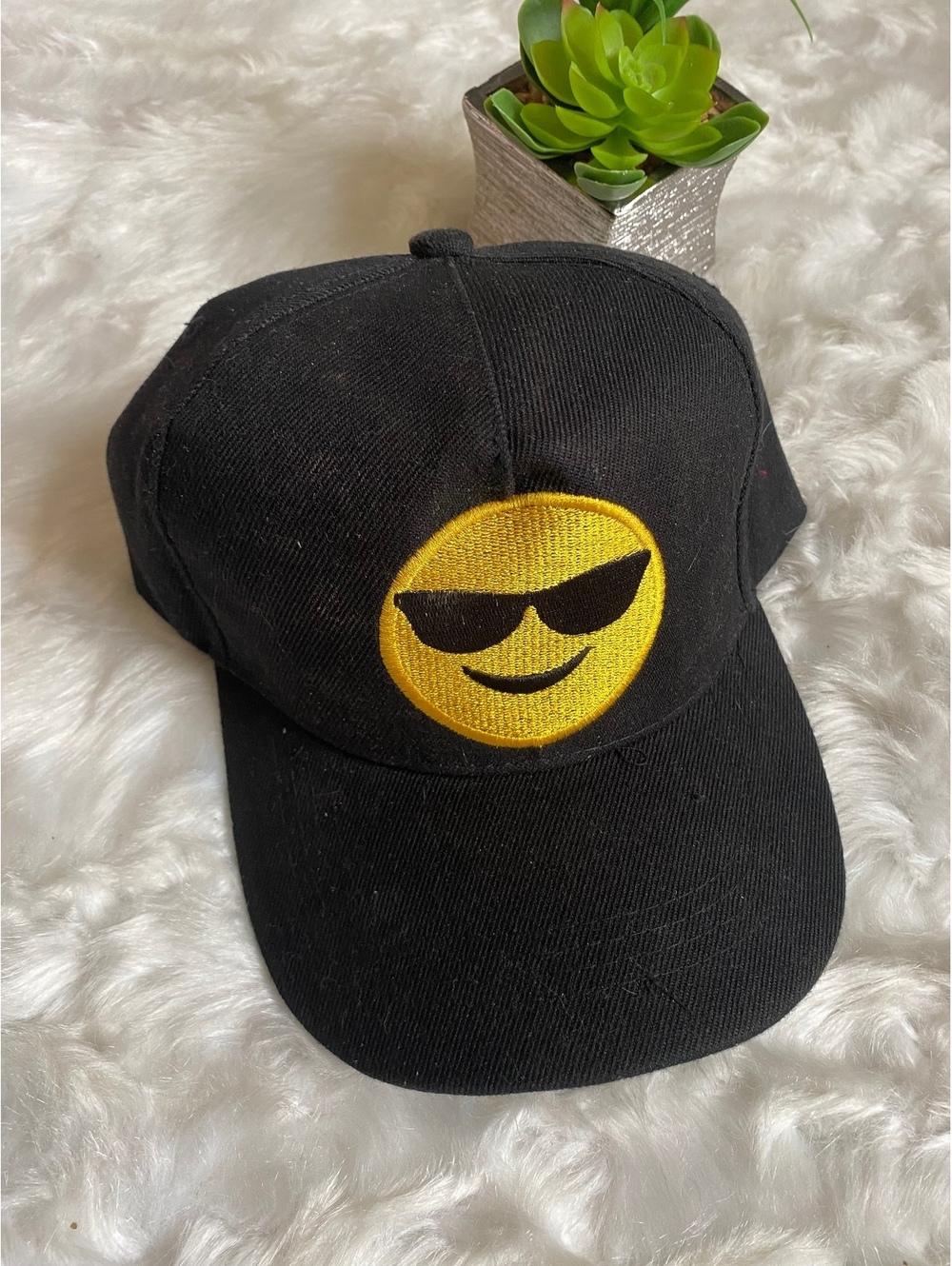Black Baseball Cap with Cool Sunglasses Emoji Patch